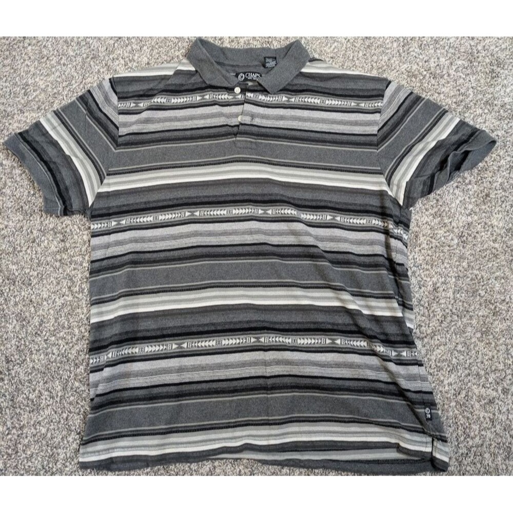 Chaps Polo Shirt Mens XL Gray Black Striped Short Sleeve Pique Knit Aztec